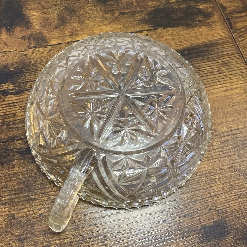 Pressed Glass Clear Handled Candy Dish Starburst Pattern Vtg